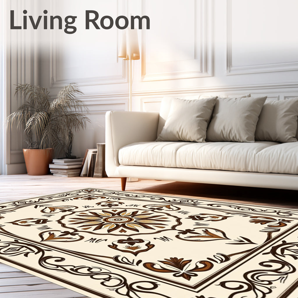 Ivory Brown Floral Scroll Medallion Rug