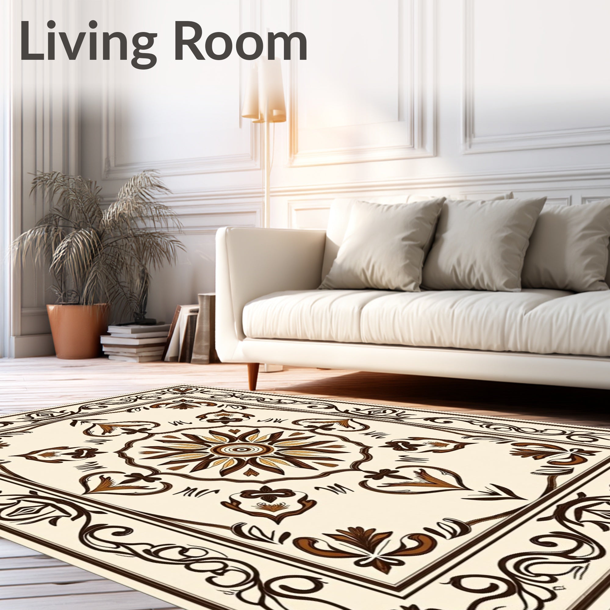Ivory Brown Floral Scroll Medallion Rug