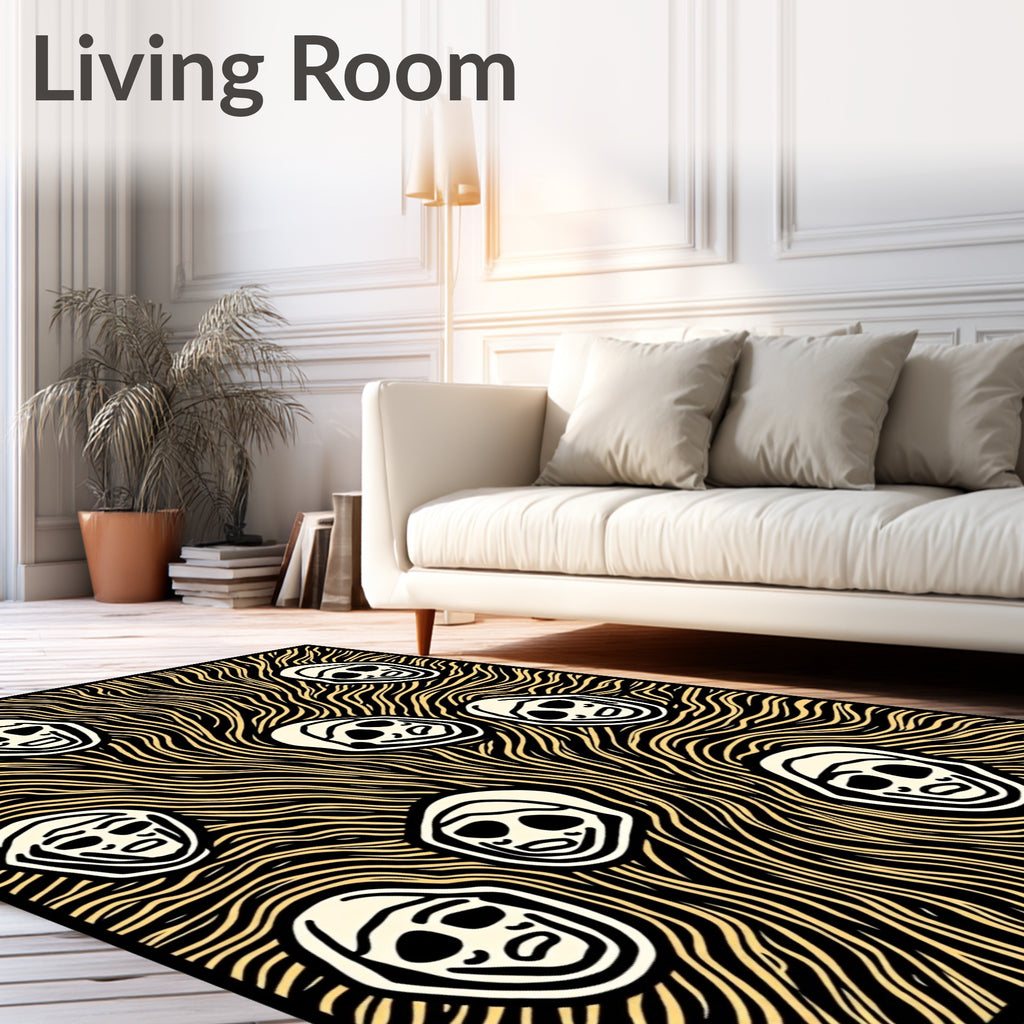 Grotesque Faces Yellow Wavy Background Rug
