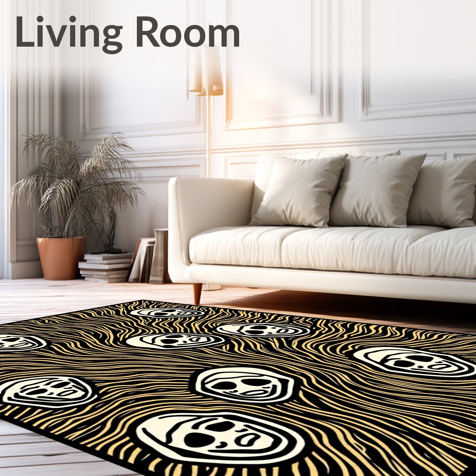 Grotesque Faces Yellow Wavy Background Rug
