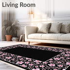 Petal Pink Floral Vines Black Rug