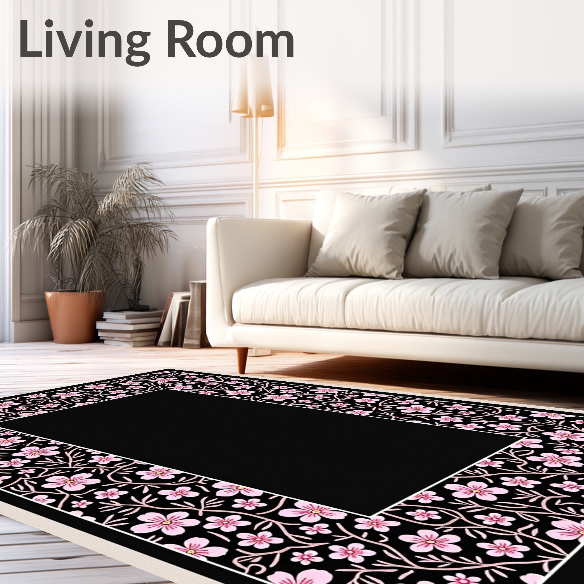 Petal Pink Floral Vines Black Rug