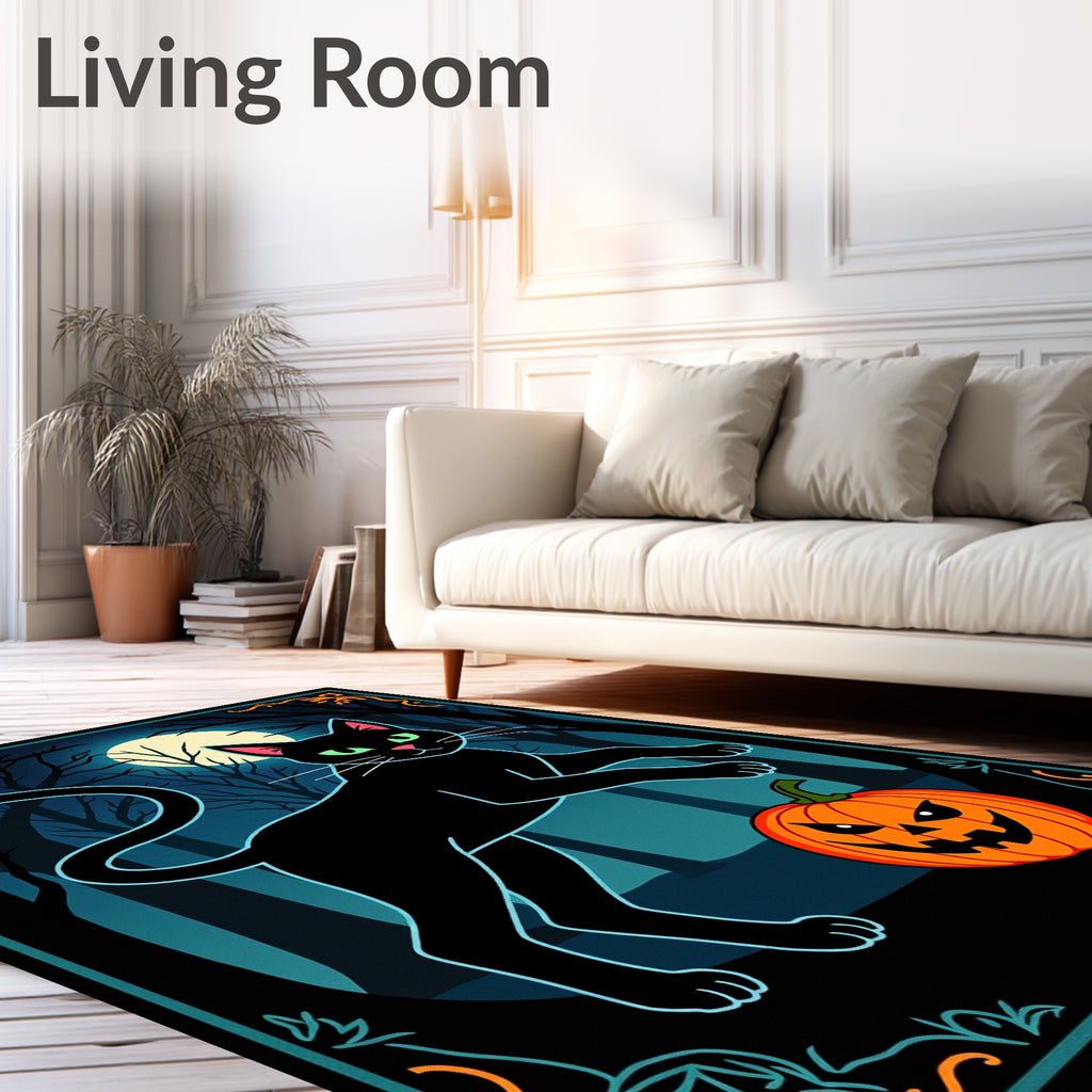 Spooky Black Cat Pumpkin Moonlit Forest Rug