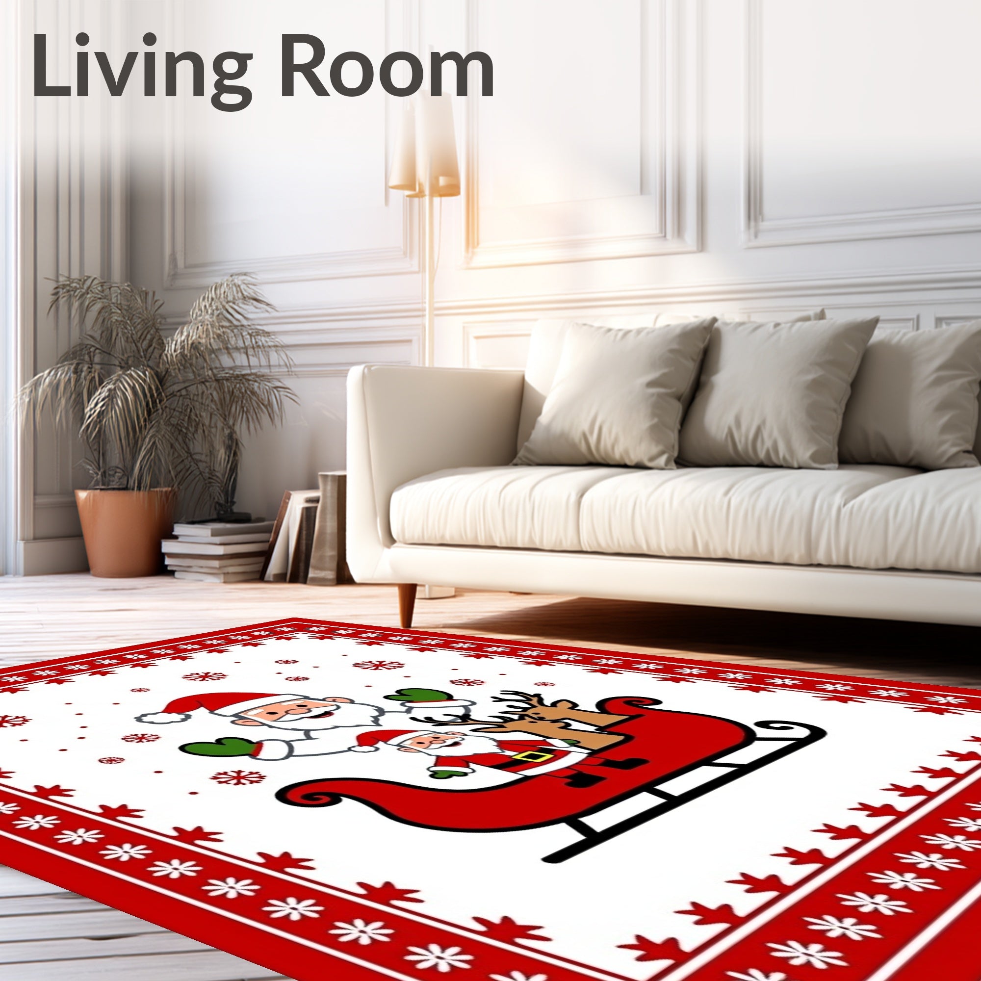 Festive Red Santa Sleigh Snowflakes Rug