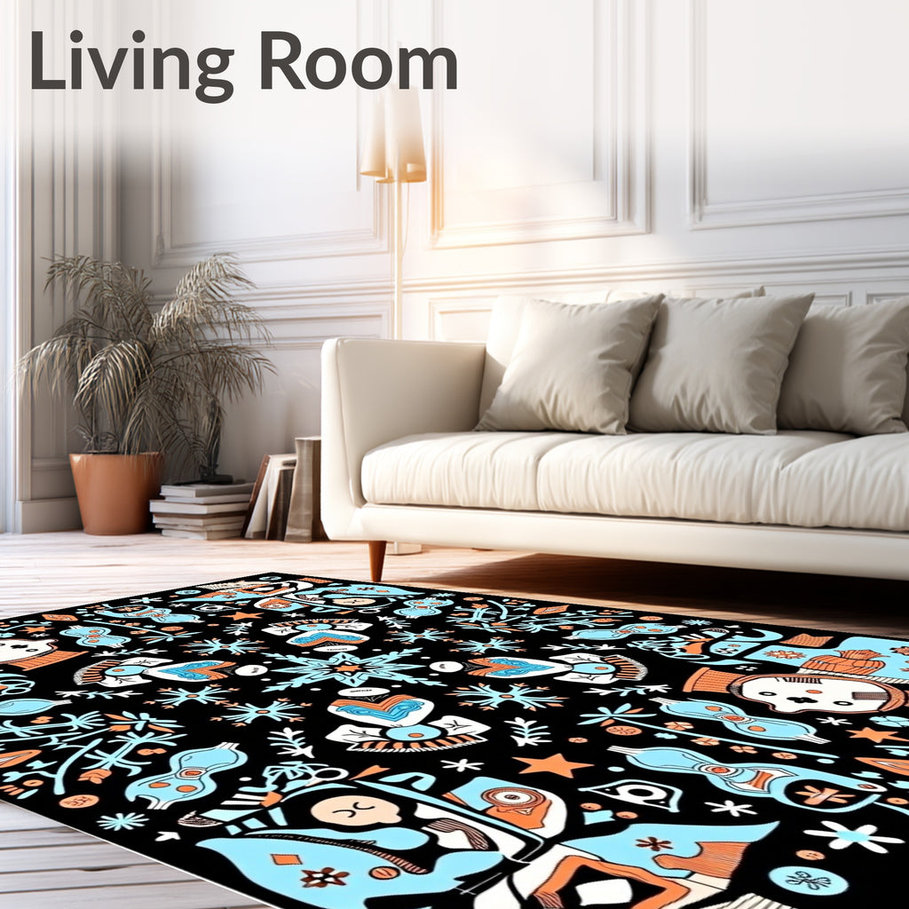 Playful Whimsical Figures Blue Orange Rug