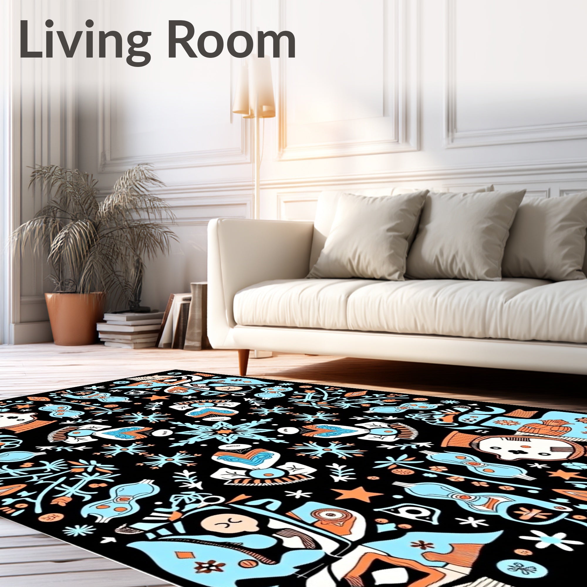 Playful Whimsical Figures Blue Orange Rug
