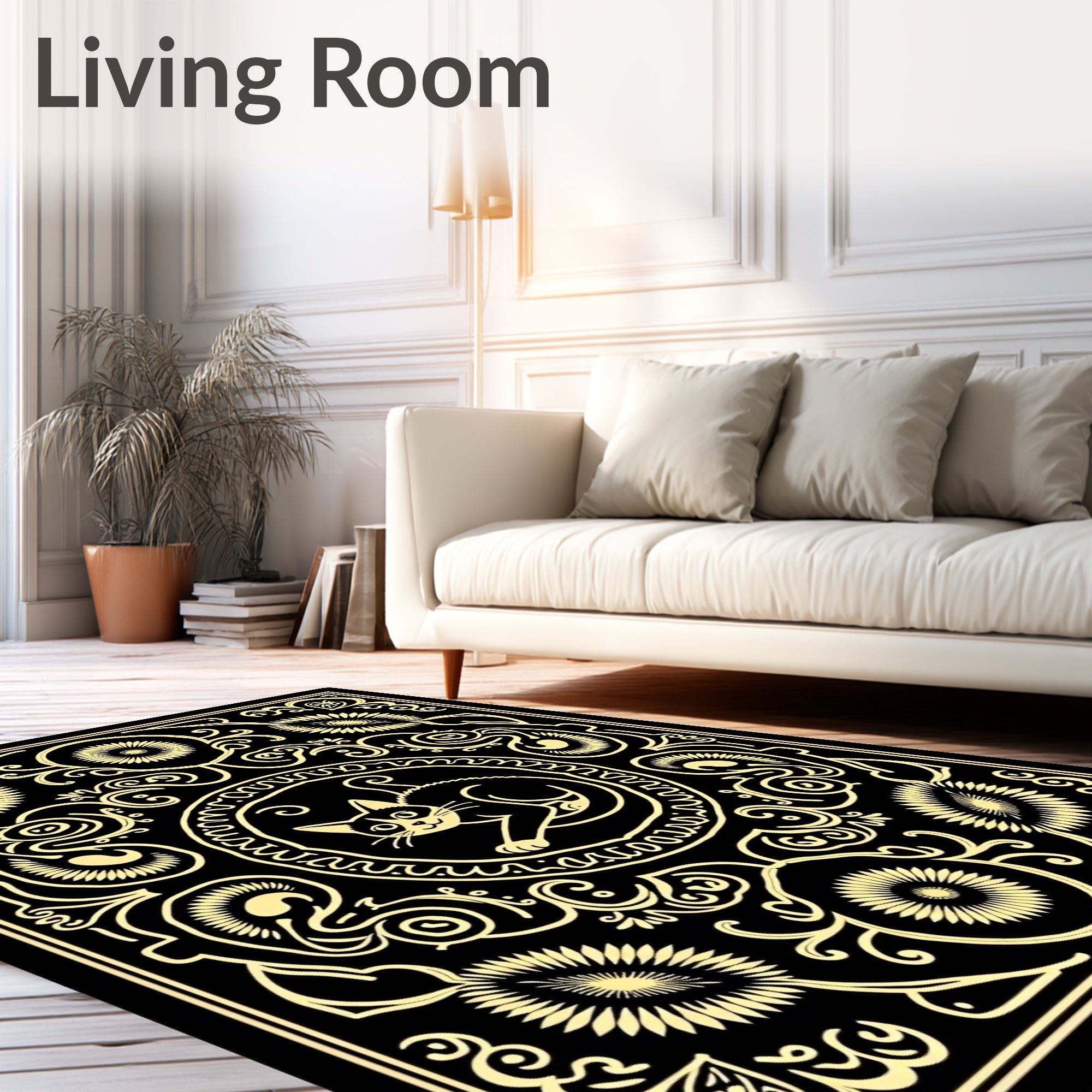 Black Gold Whimsical Cat Medallion Rug
