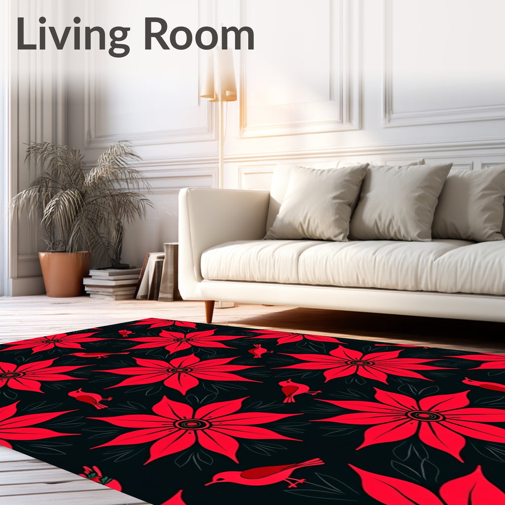 Vibrant Red Floral Bird Repeat Rug