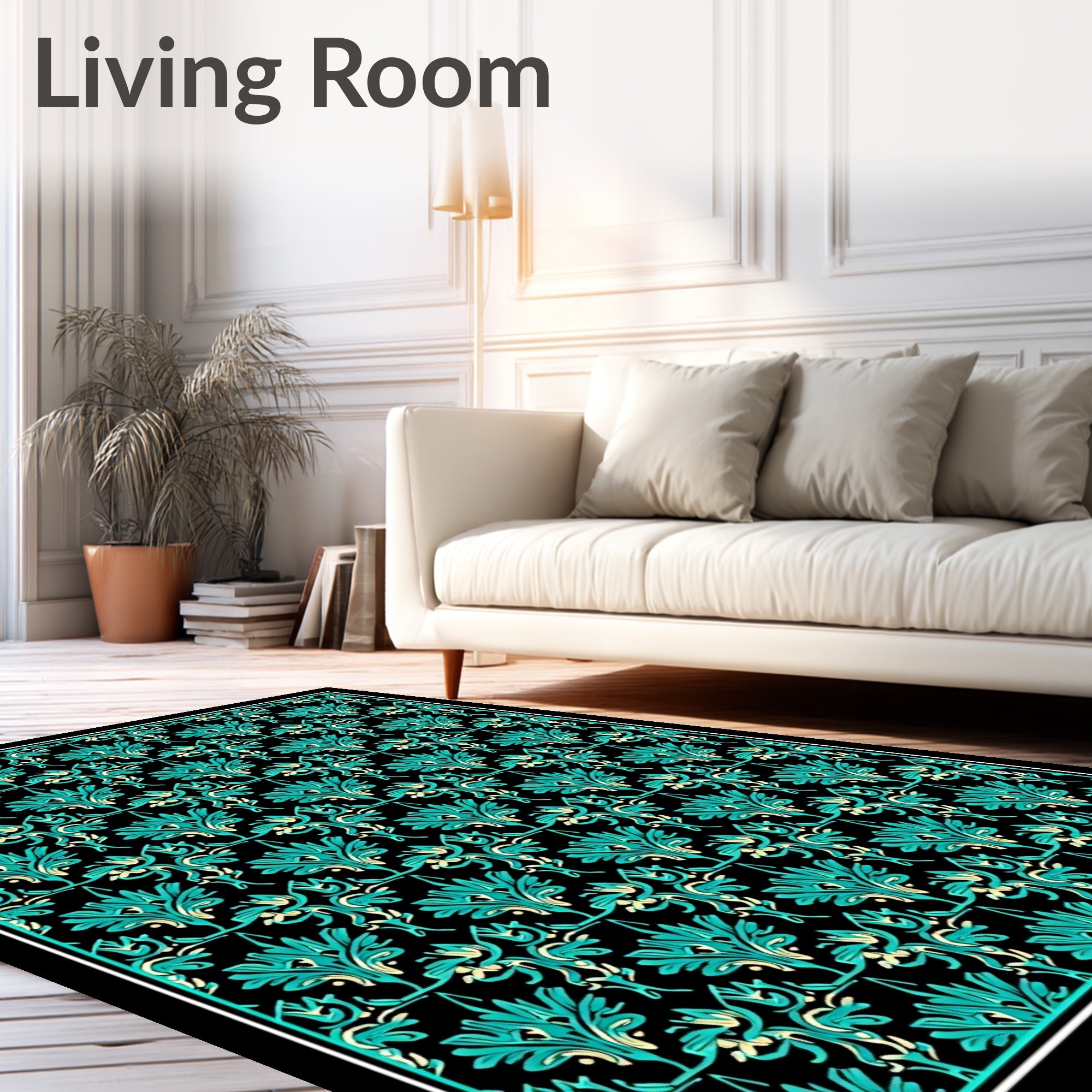 Teal Black Flourishing Vine Scrollwork Rug