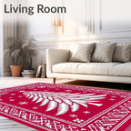 Crimson white pine tree snowflakes border Rug