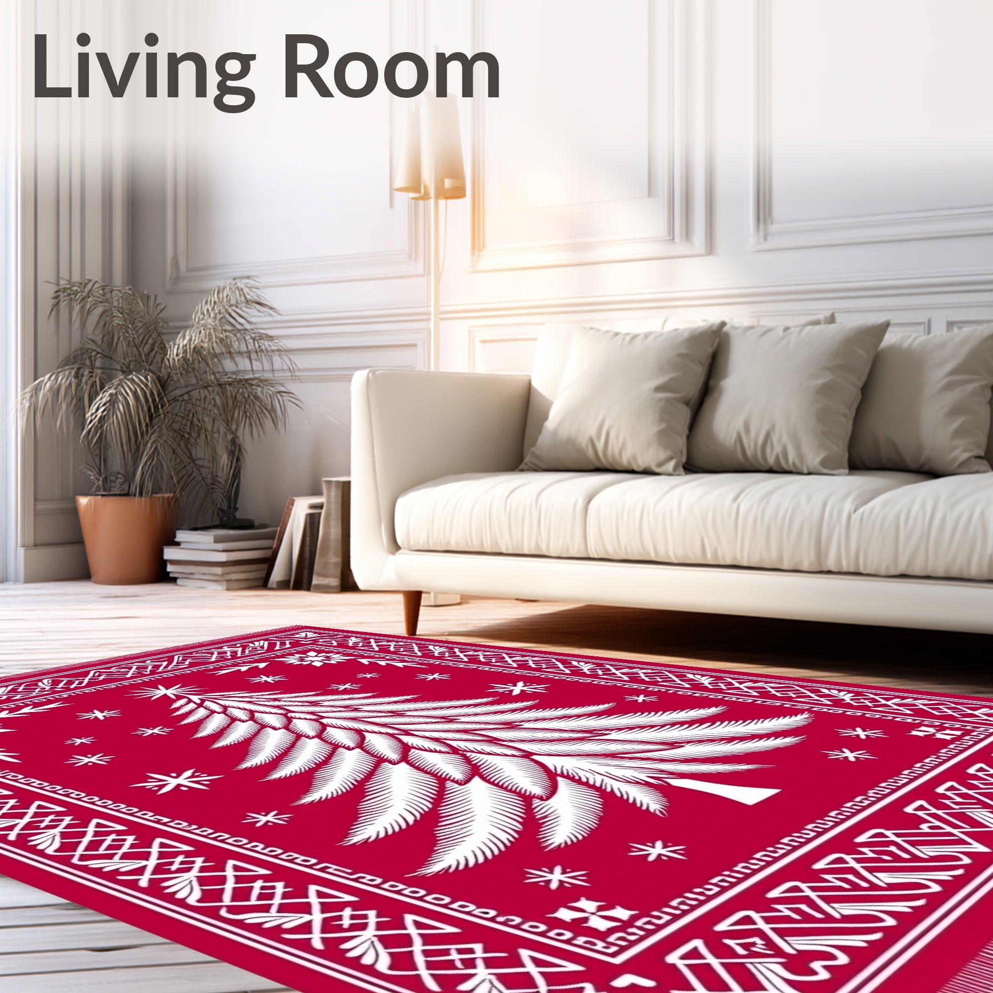 Crimson white pine tree snowflakes border Rug