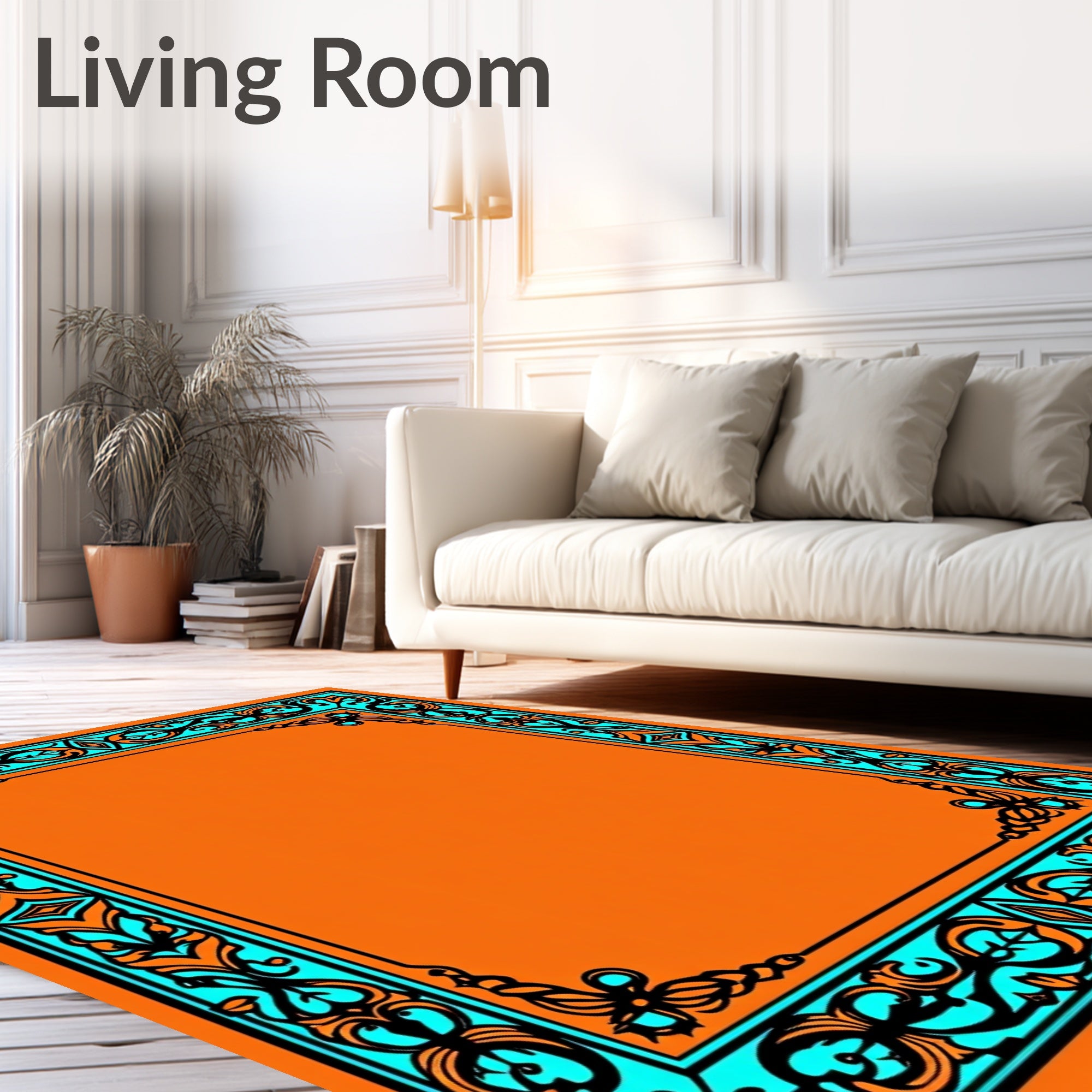 Orange Turquoise Floral Scroll Frame Rug