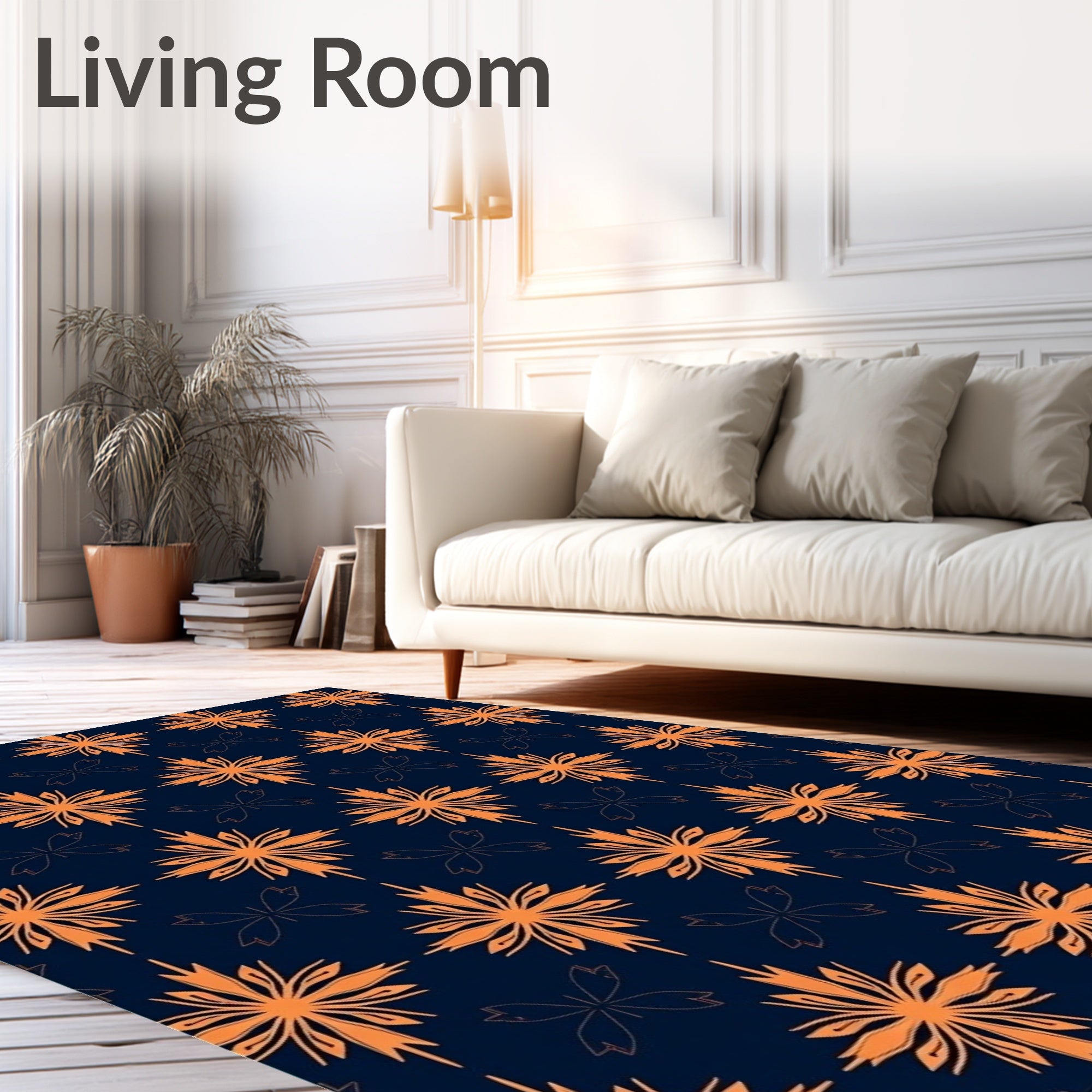 Vibrant Orange Starburst Blossom Navy Rug