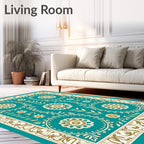 Teal Golden Floral Medallion Border Rug
