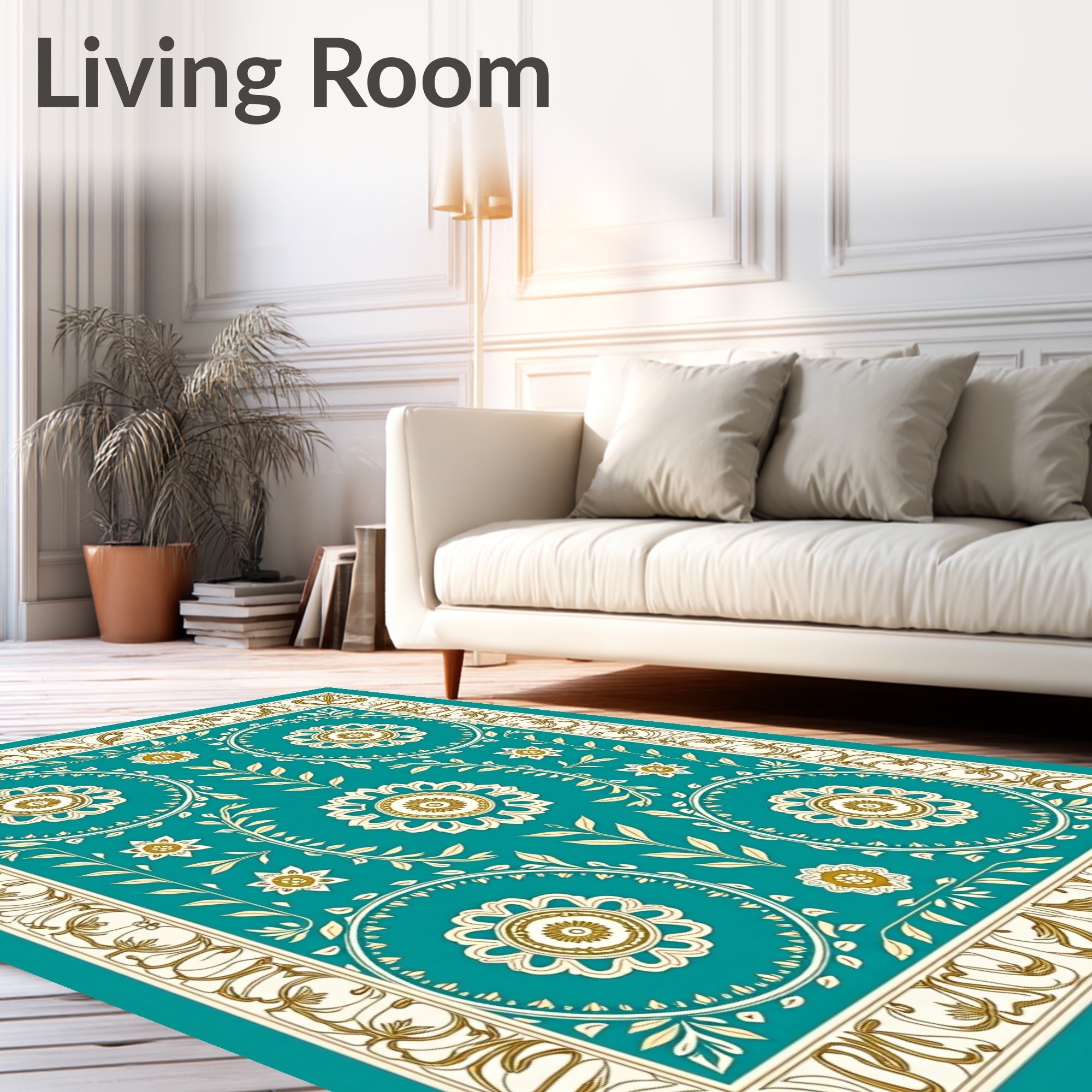 Teal Golden Floral Medallion Border Rug
