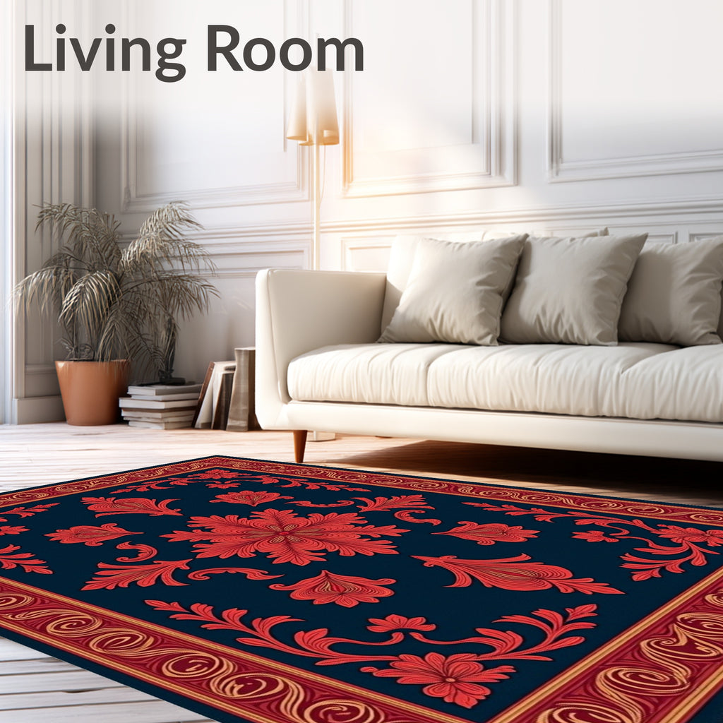 Crimson Red Floral Medallion Navy Rug
