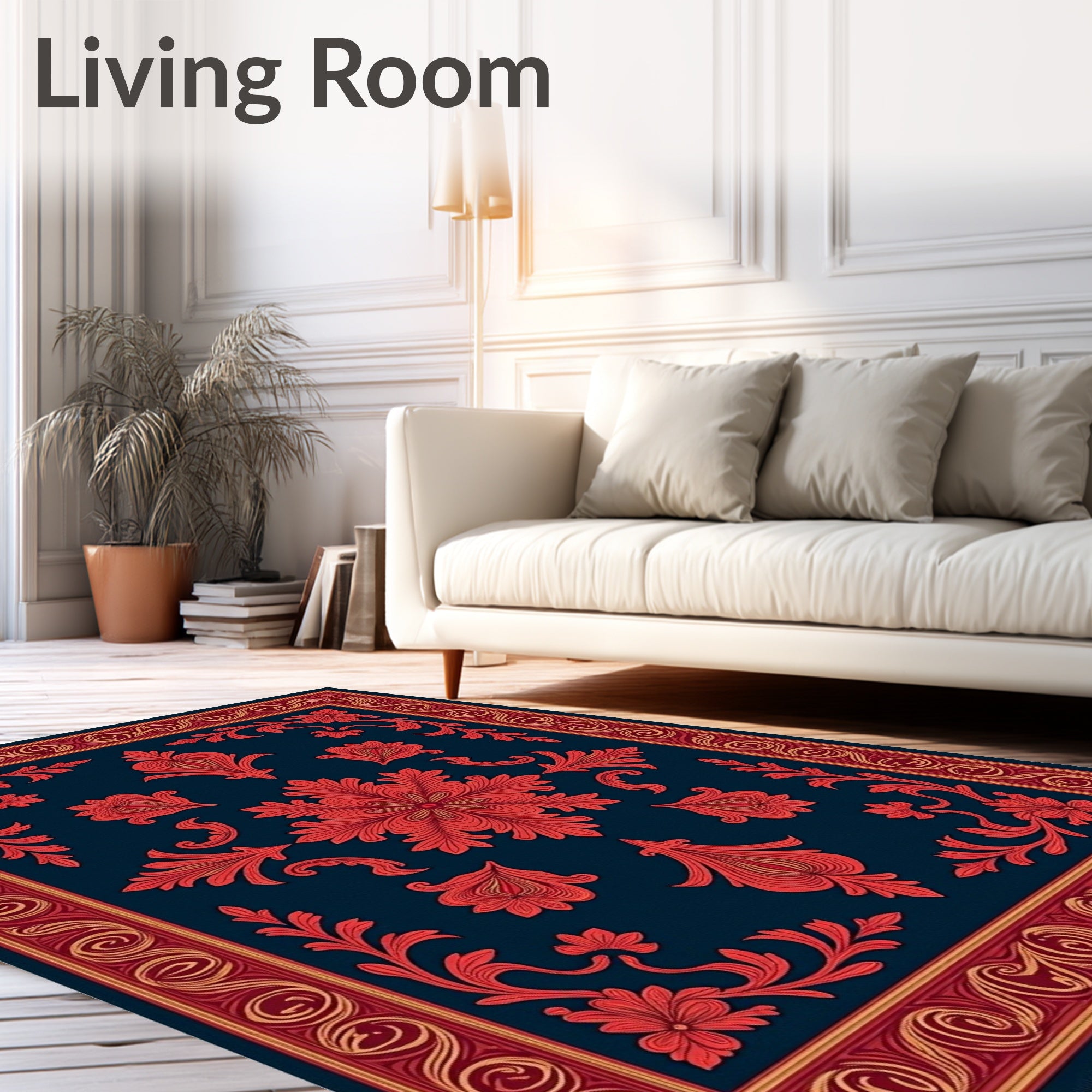Crimson Red Floral Medallion Navy Rug