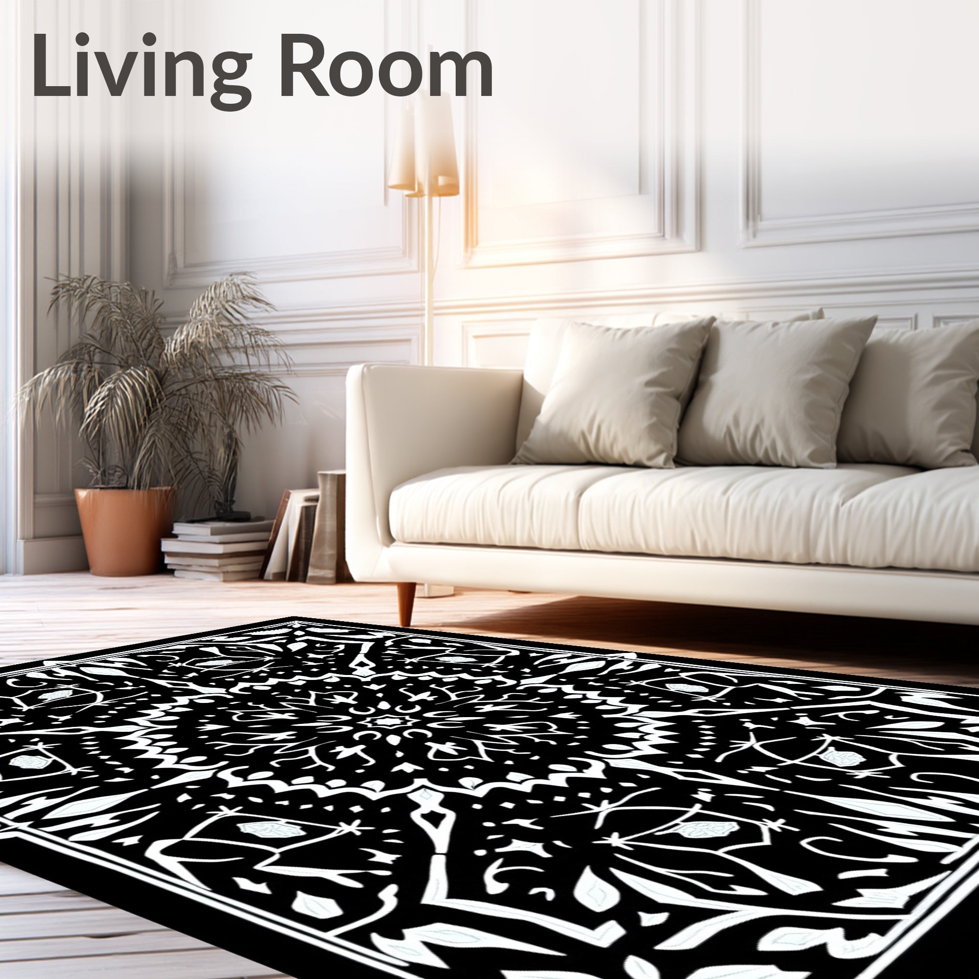 Black White Intricate Floral Medallion Rug