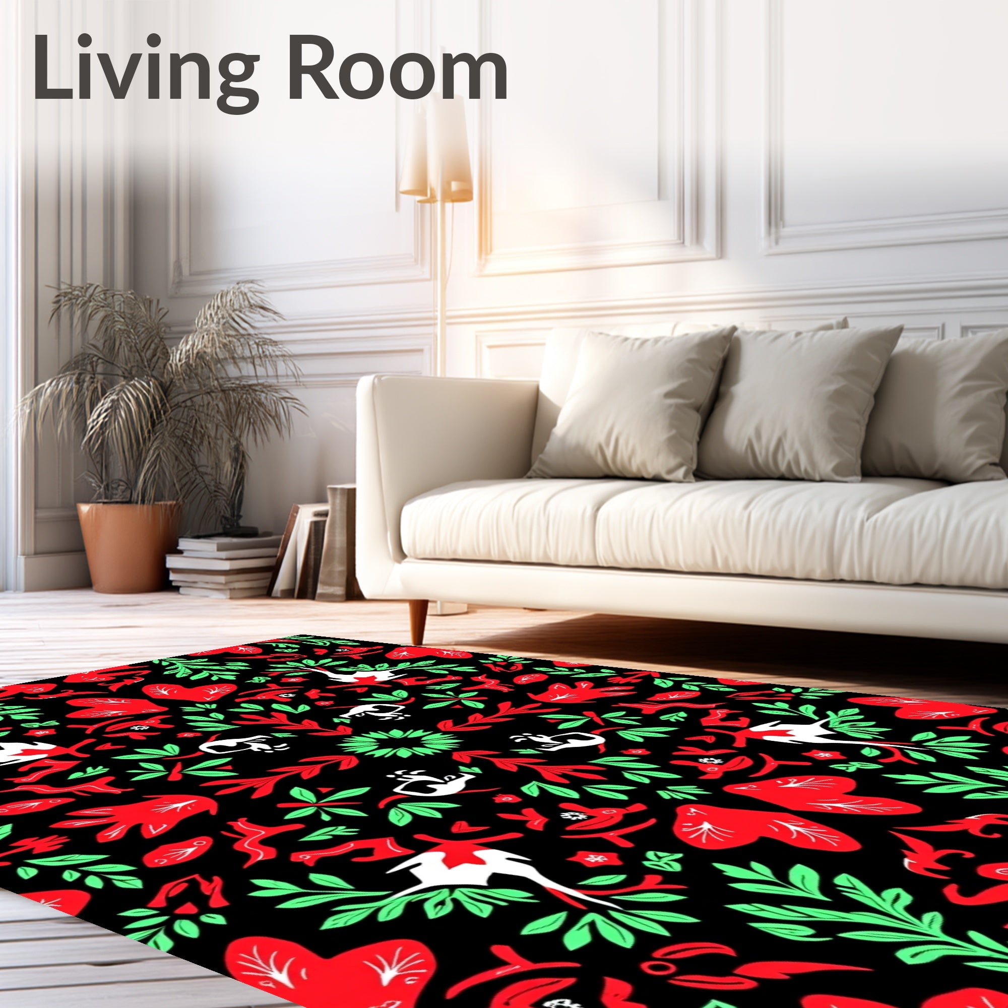 Bold Red Green Woodland Creature Medallion Rug