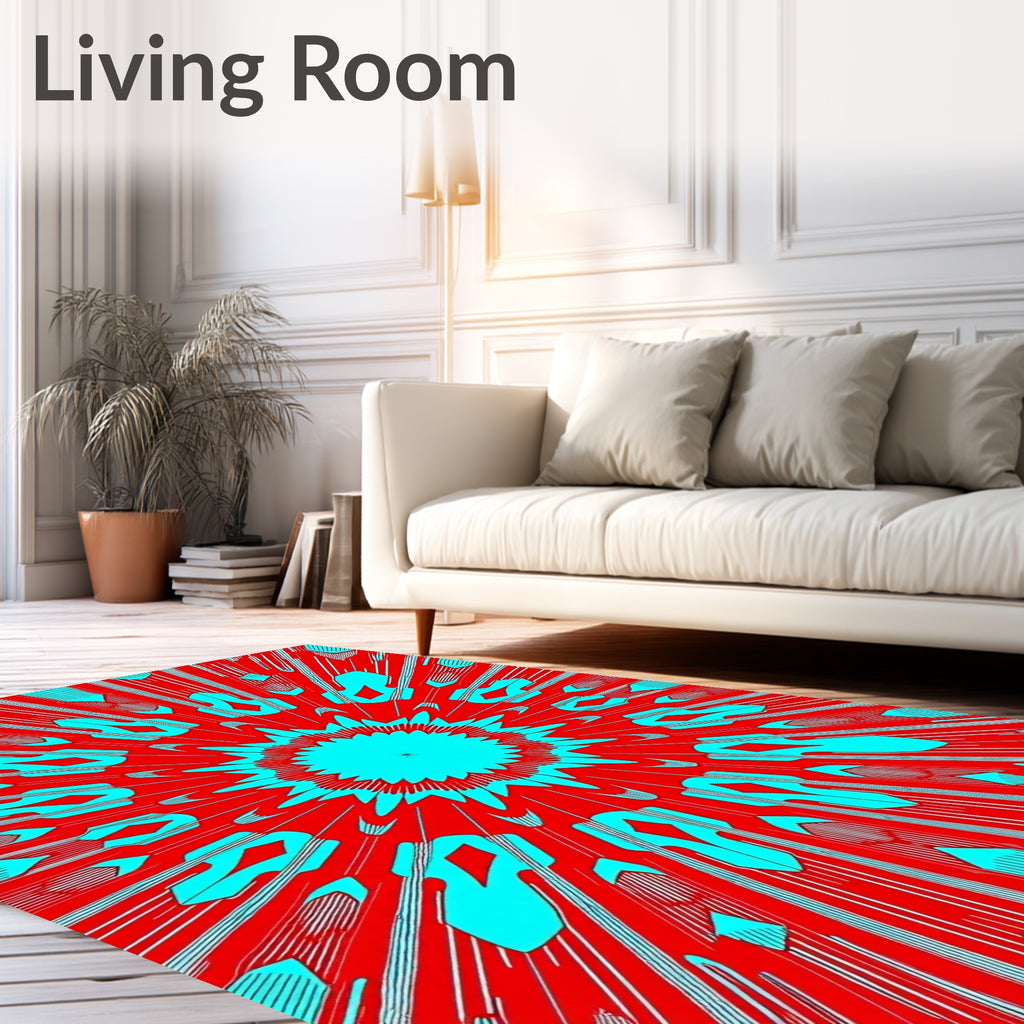 Vibrant Red Cyan Radial Explosion Rug
