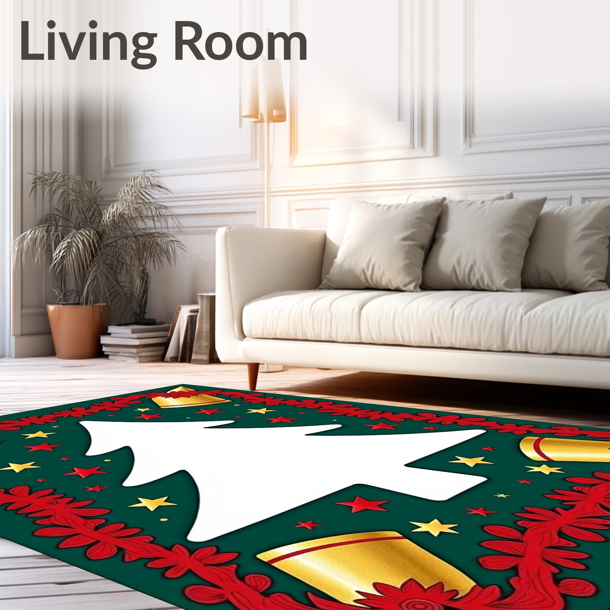 Festive Green White Tree Golden Bells Rug