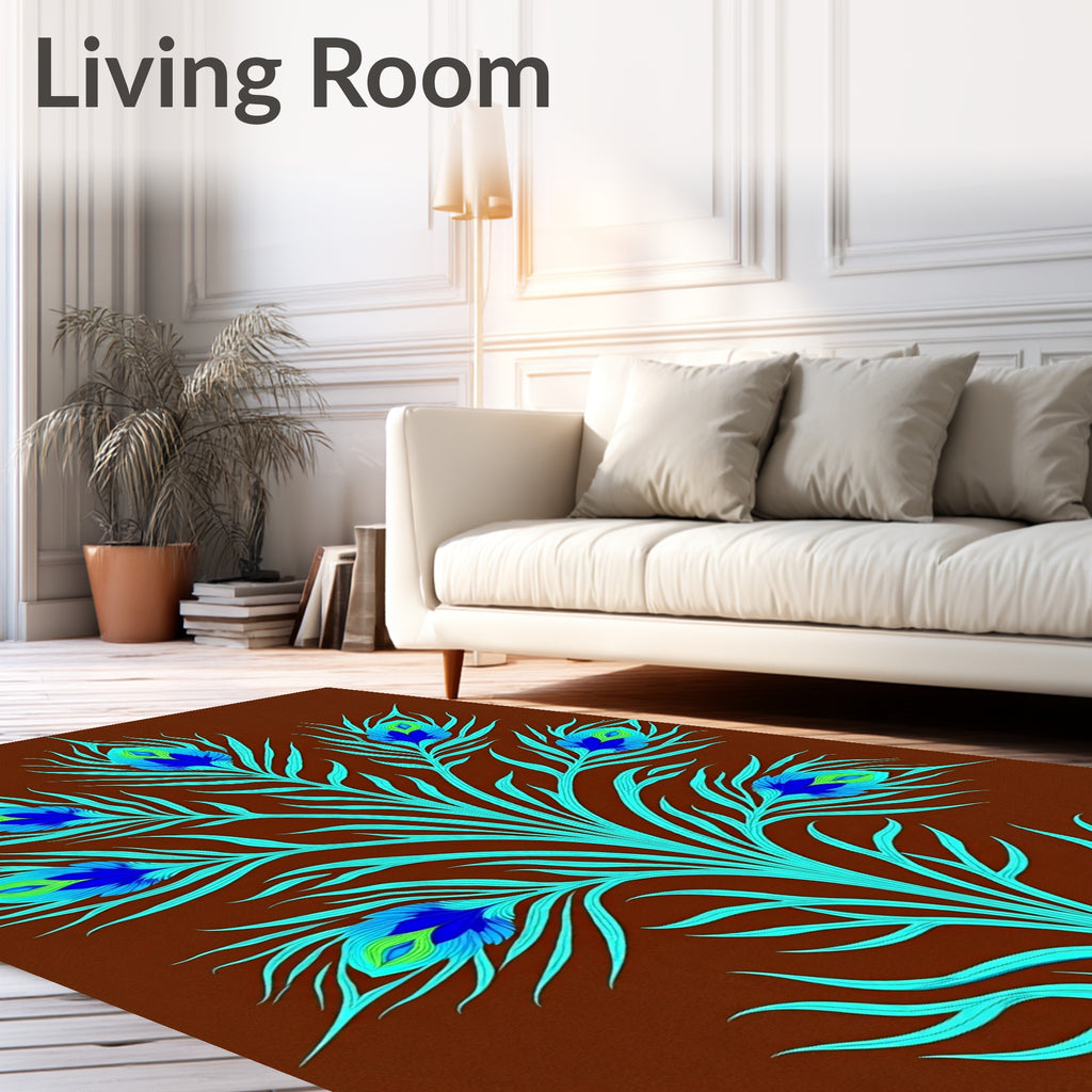 Turquoise Peacock Feather Motif Brown Background Rug