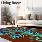 Turquoise Peacock Feather Motif Brown Background Rug