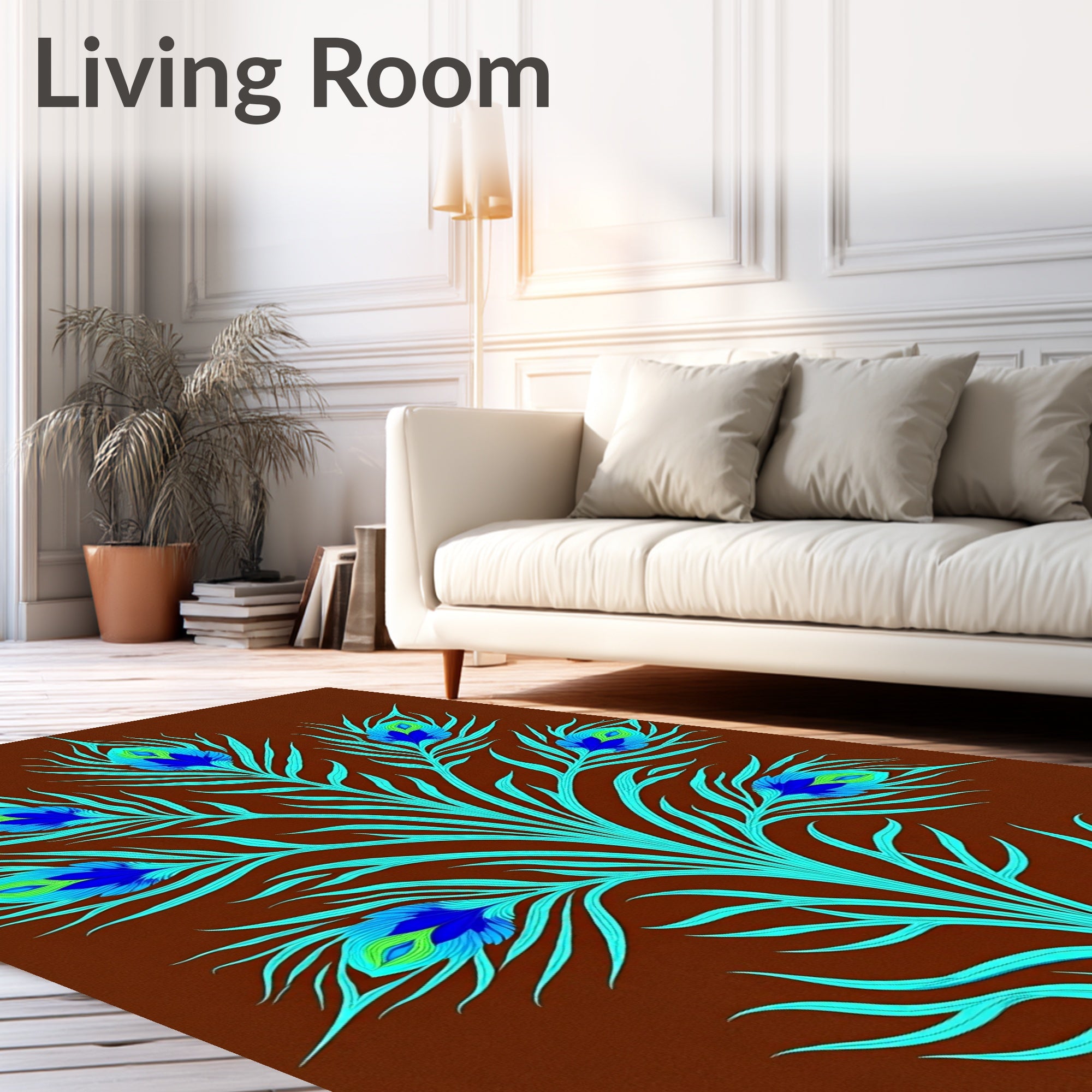 Turquoise Peacock Feather Motif Brown Background Rug