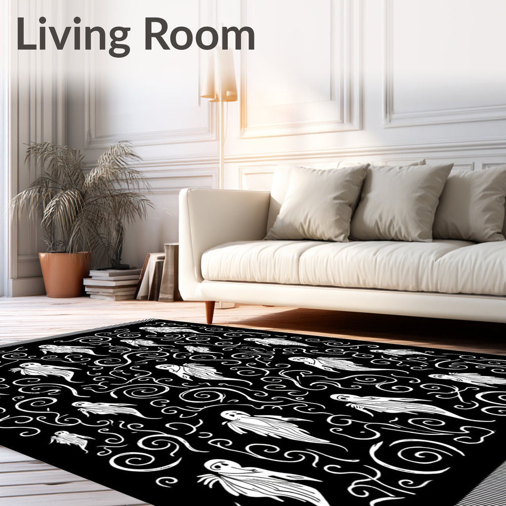 Eerie White Ghost Swirl Blackground Rug