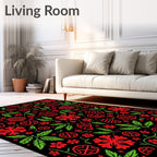 Bold Red Illustrated Floral Foliage Rug