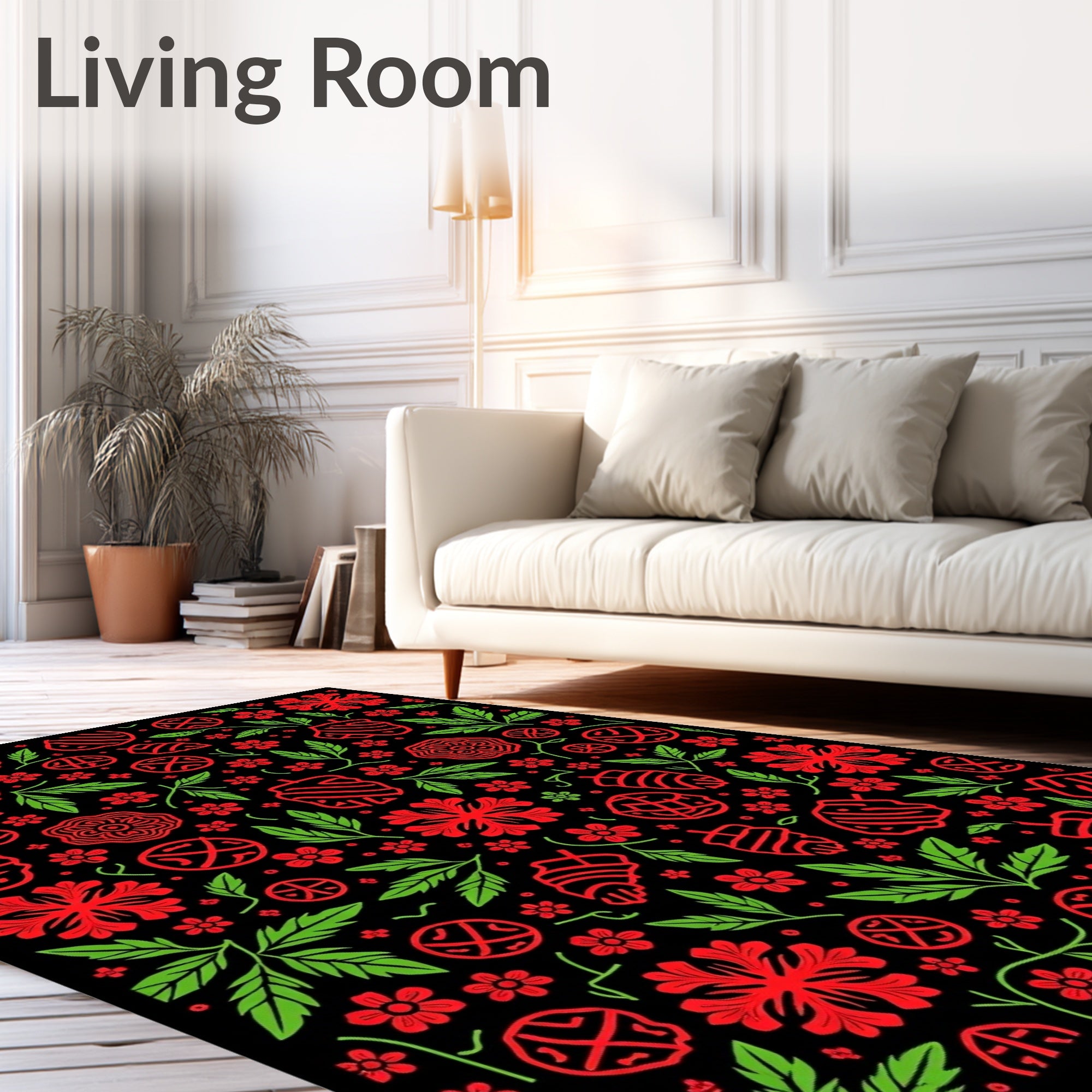 Bold Red Illustrated Floral Foliage Rug