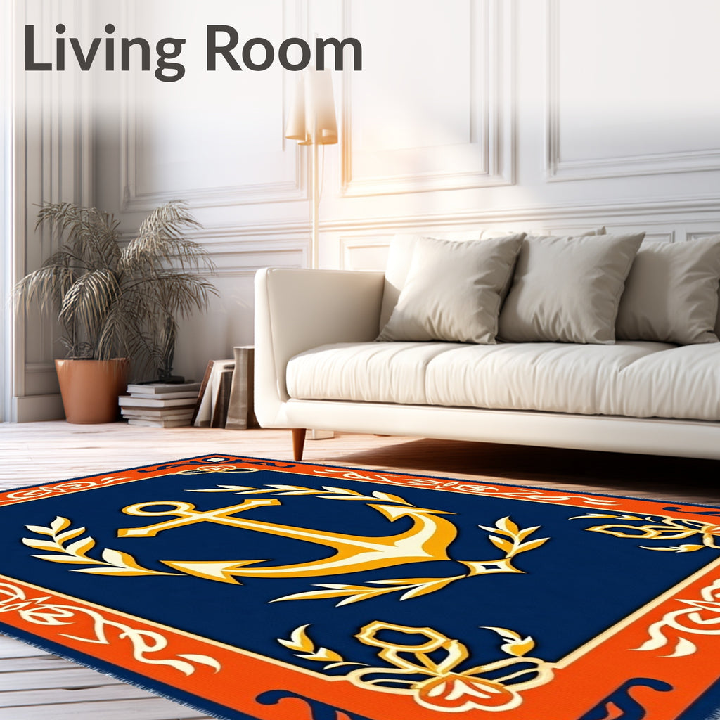 Navy Blue Anchor Laurel Wreath Rug