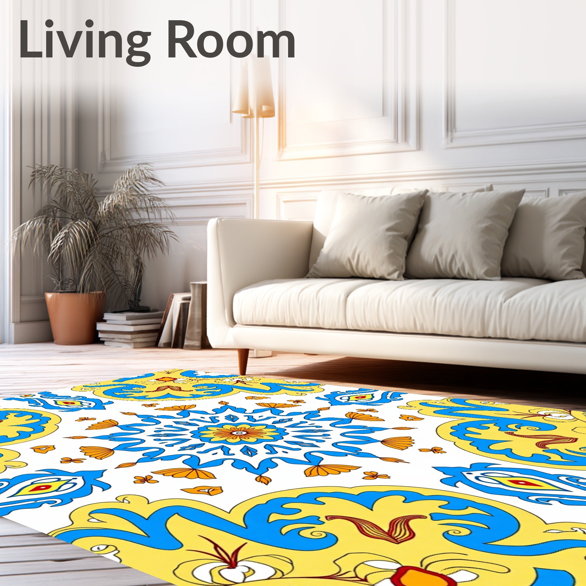 Vibrant Yellow Blue Medallion Floral Rug
