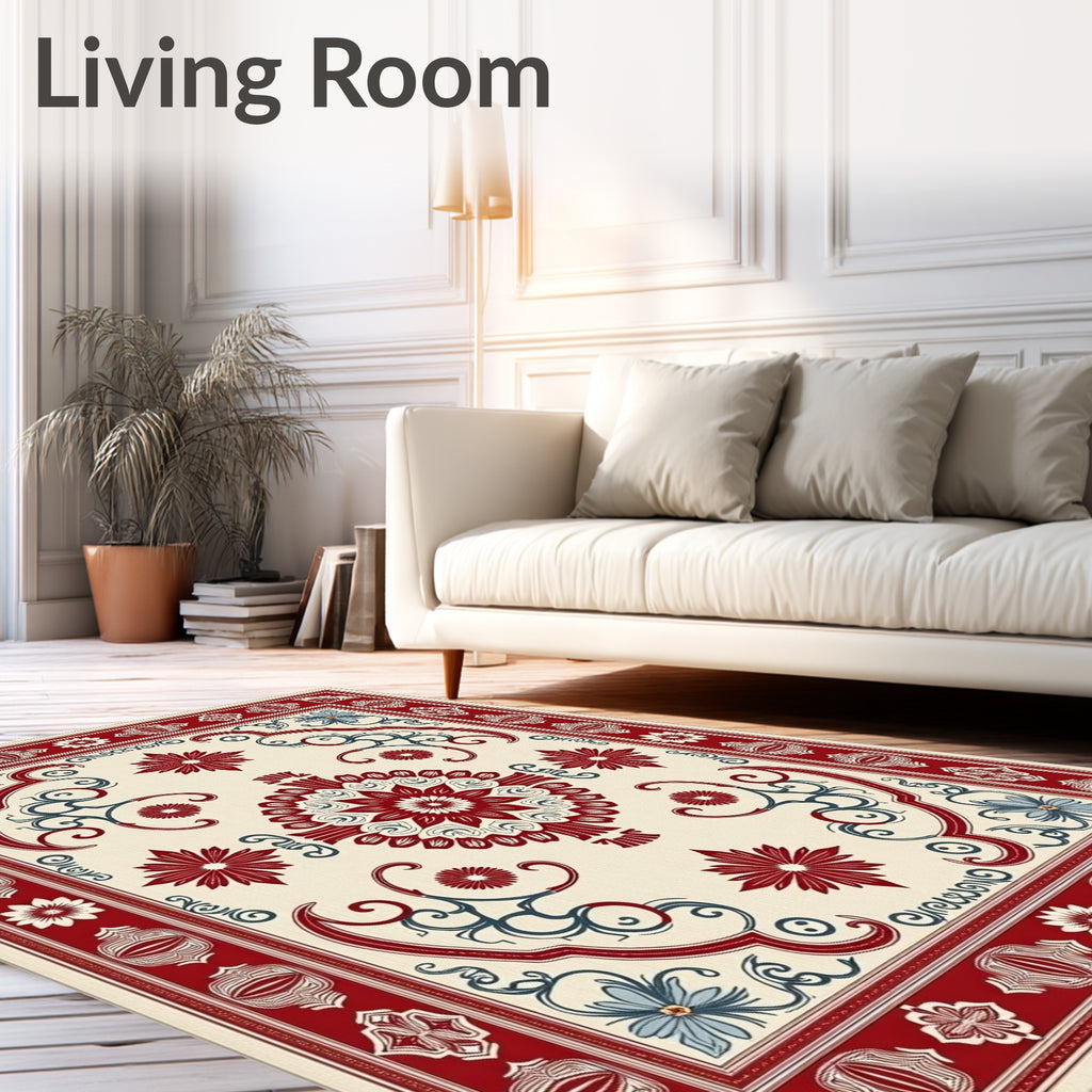 Crimson Cream Floral Medallion Border Rug