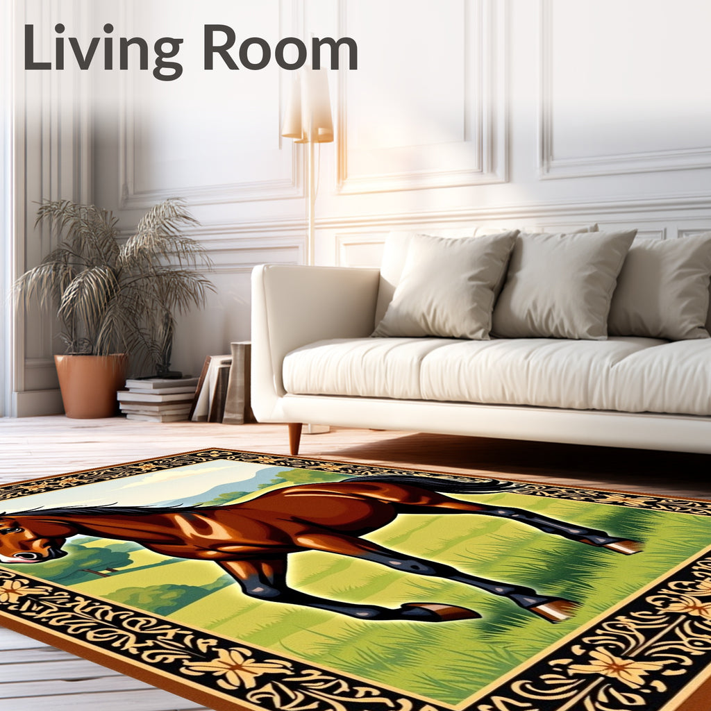 Brown Horse Galloping Field Landscape Rug