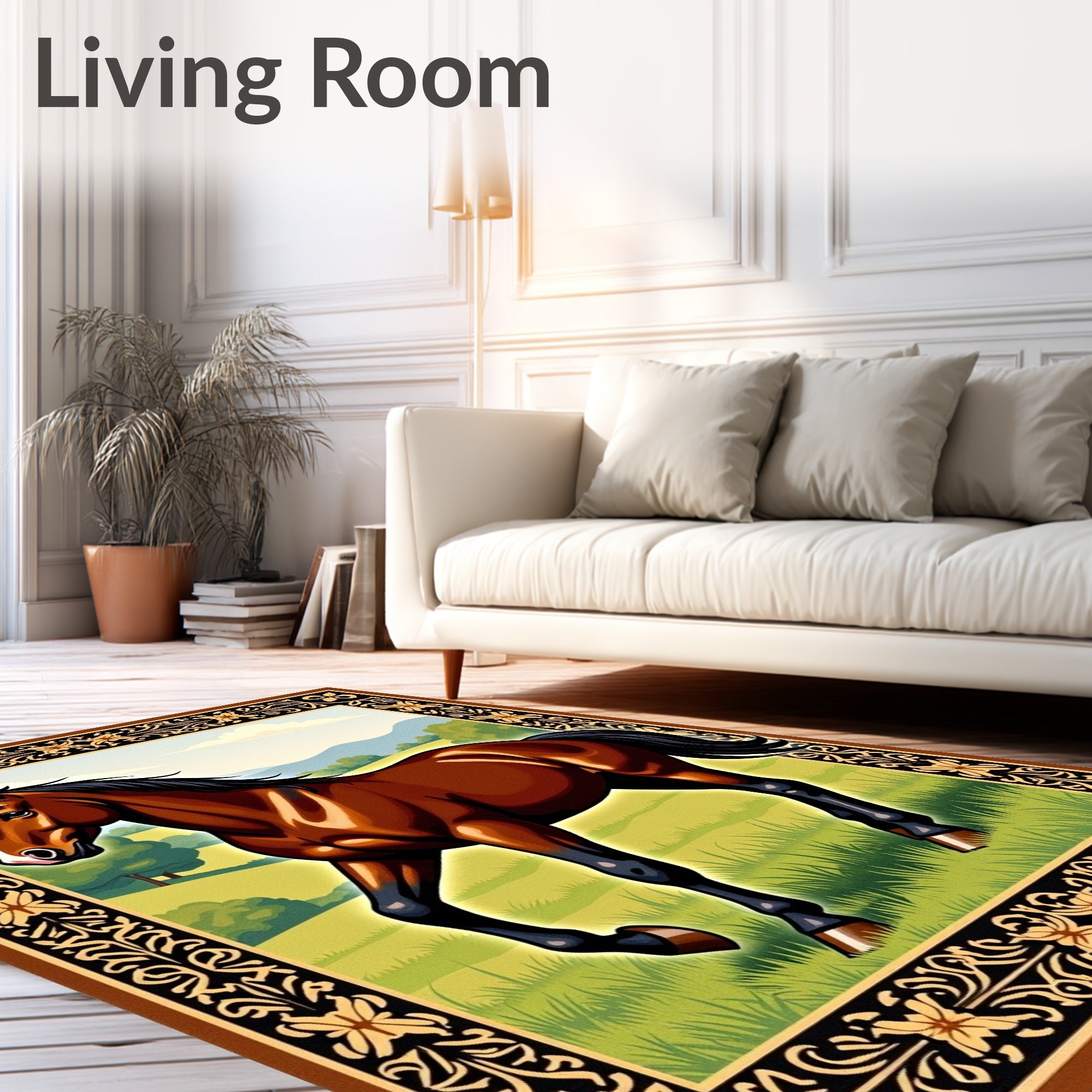 Brown Horse Galloping Field Landscape Rug