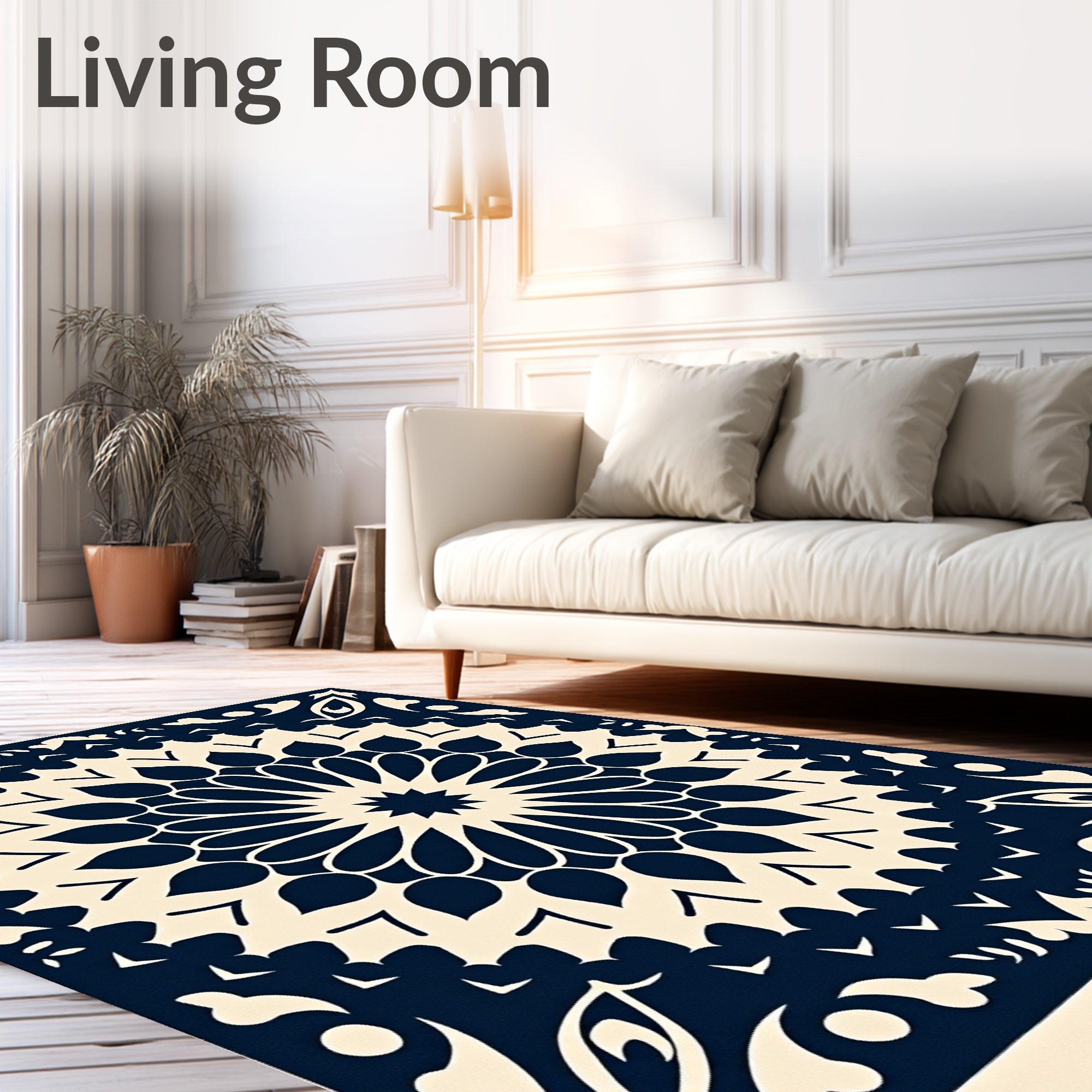 Navy Cream Floral Medallion Square Rug
