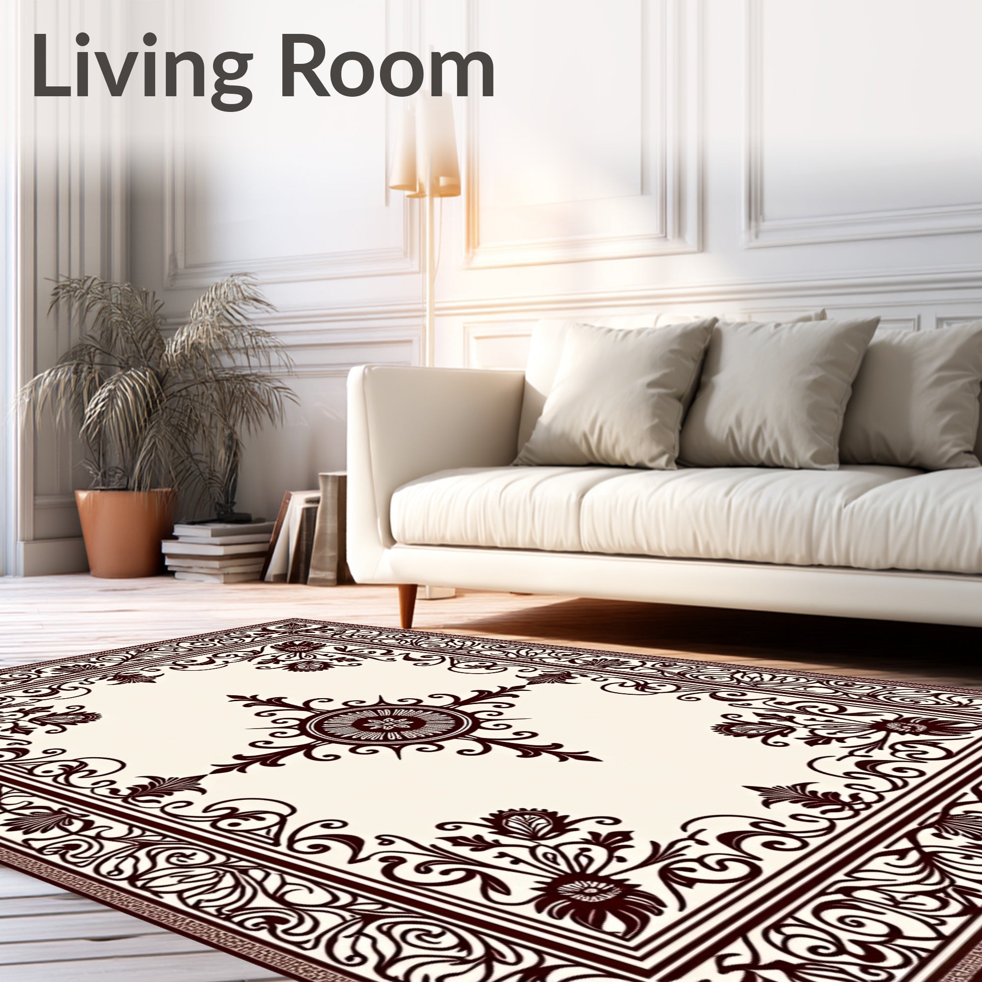 Ornate Crimson Floral Scroll Border Rug