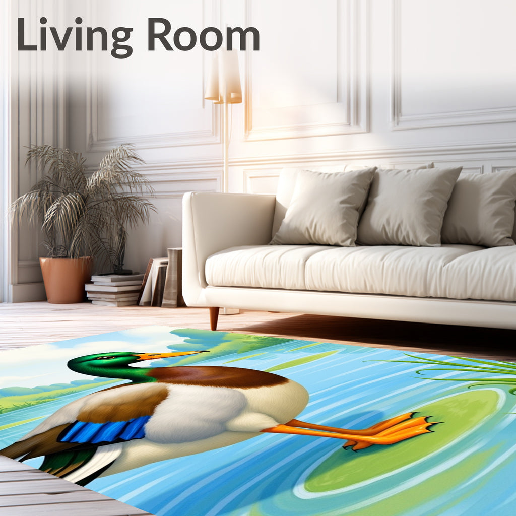 Green Headed Duck In Water Lily Pond Rug