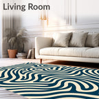 Deep Blue Abstract Swirl Cream Rug