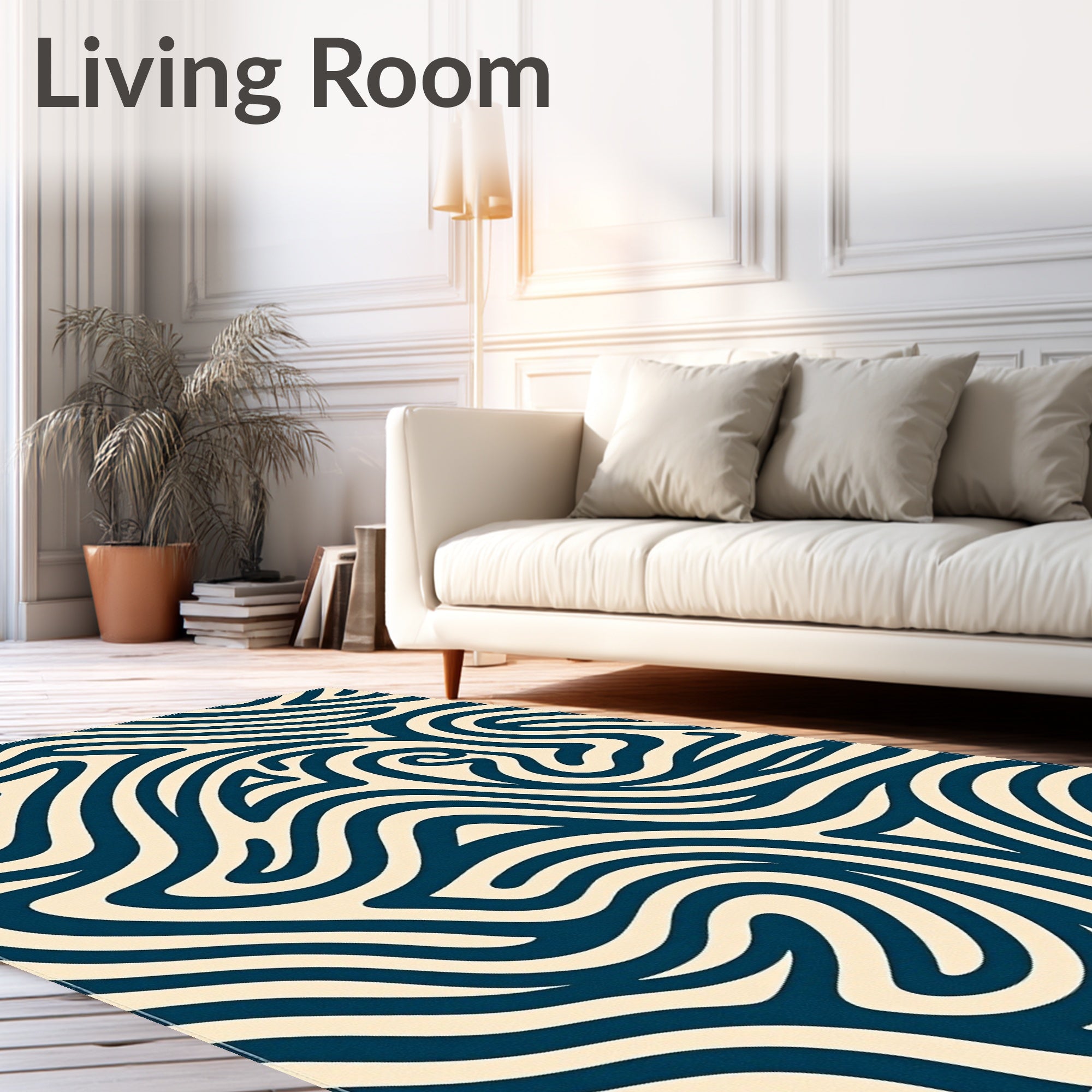 Deep Blue Abstract Swirl Cream Rug