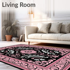 Pink Black Floral Medallion Scroll Rug
