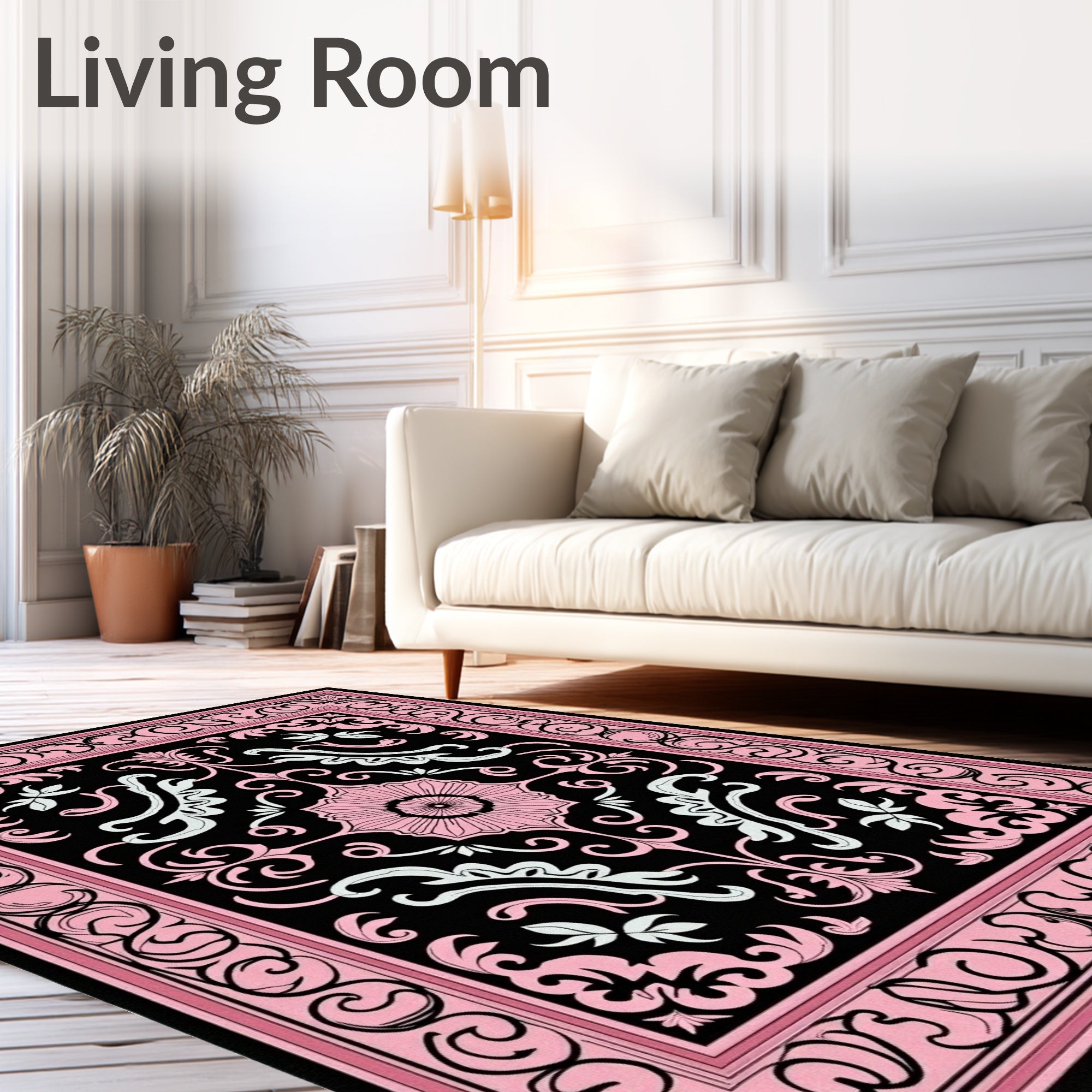 Pink Black Floral Medallion Scroll Rug