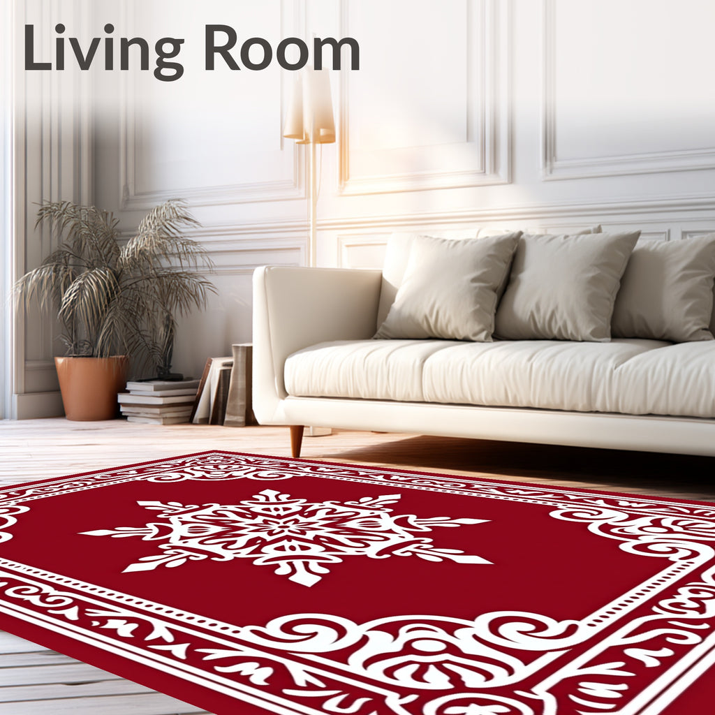 Crimson Snowflake Arabesque Frame Rug
