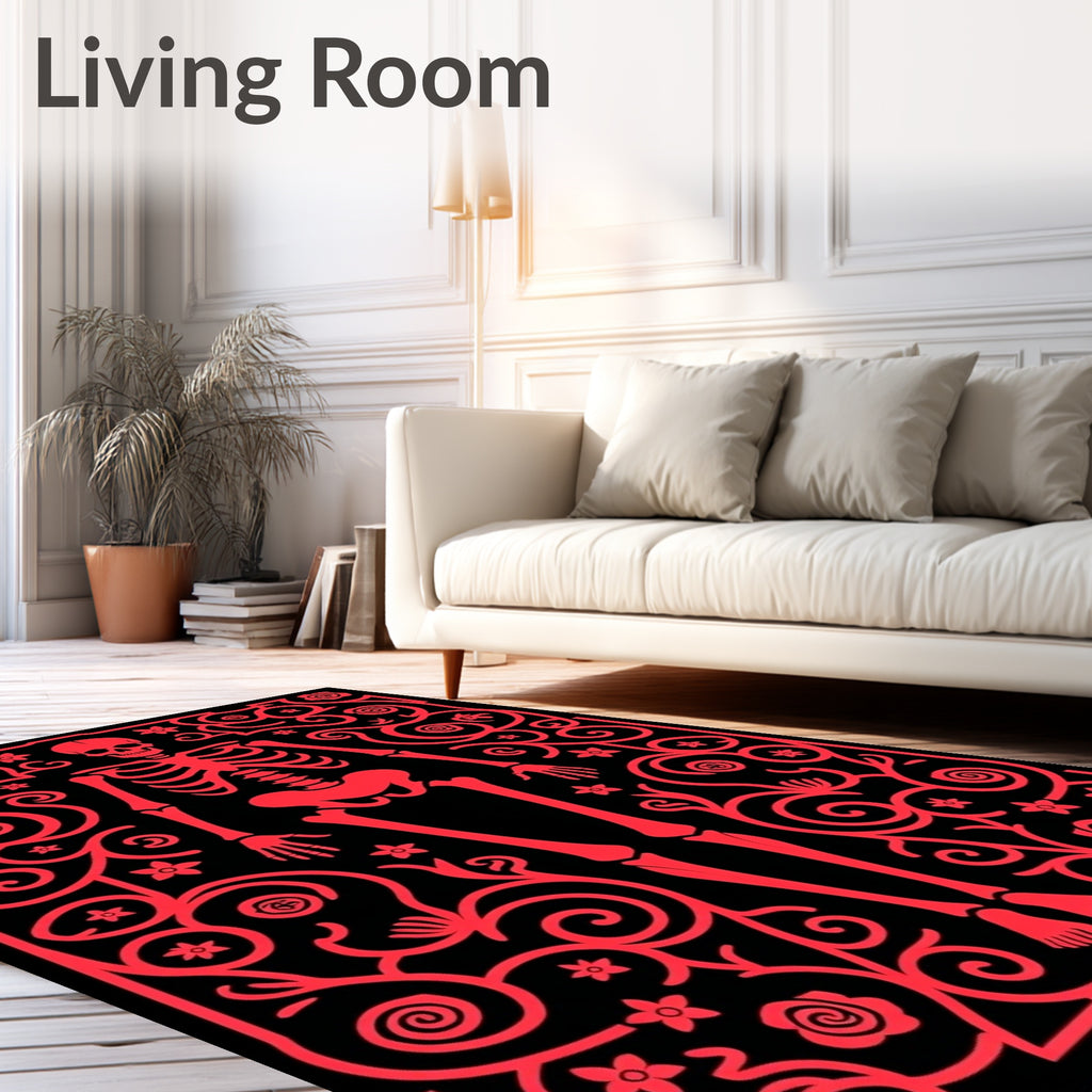 Crimson Skeleton Floral Scroll Rug