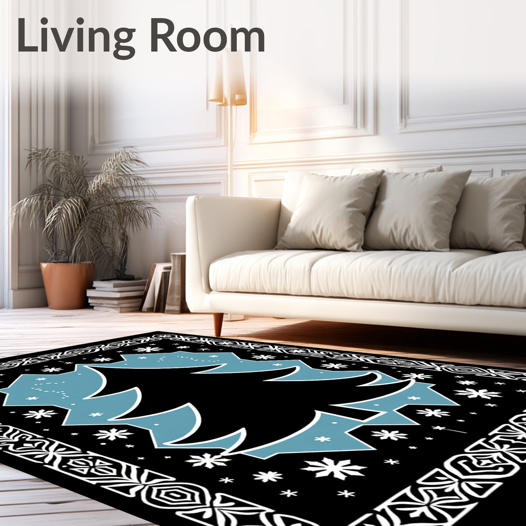 Black Slate Blue Snowflake Tree Border Rug