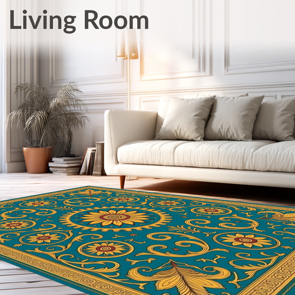 Golden Teal Floral Sunburst Rug