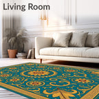 Golden Teal Floral Sunburst Rug