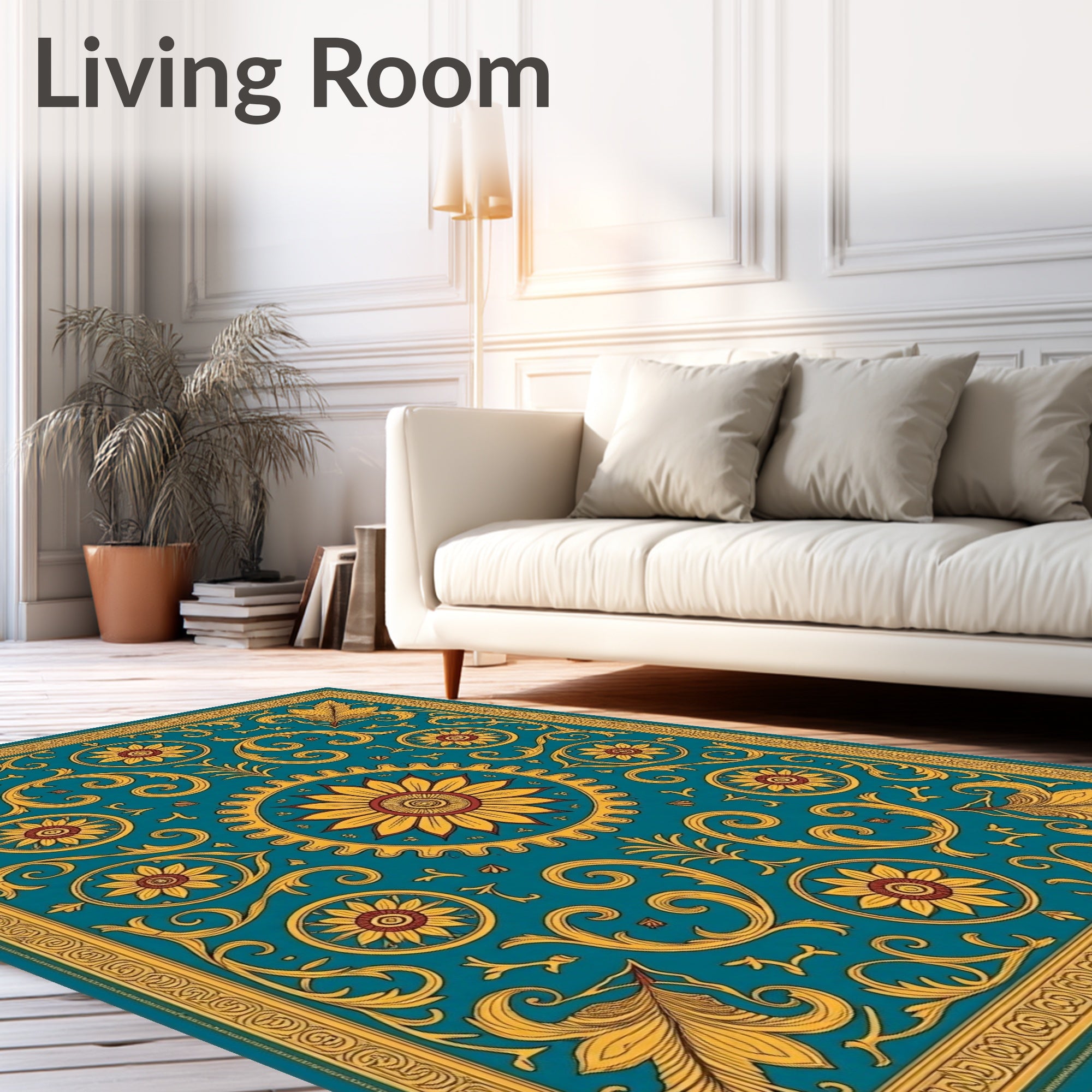 Golden Teal Floral Sunburst Rug