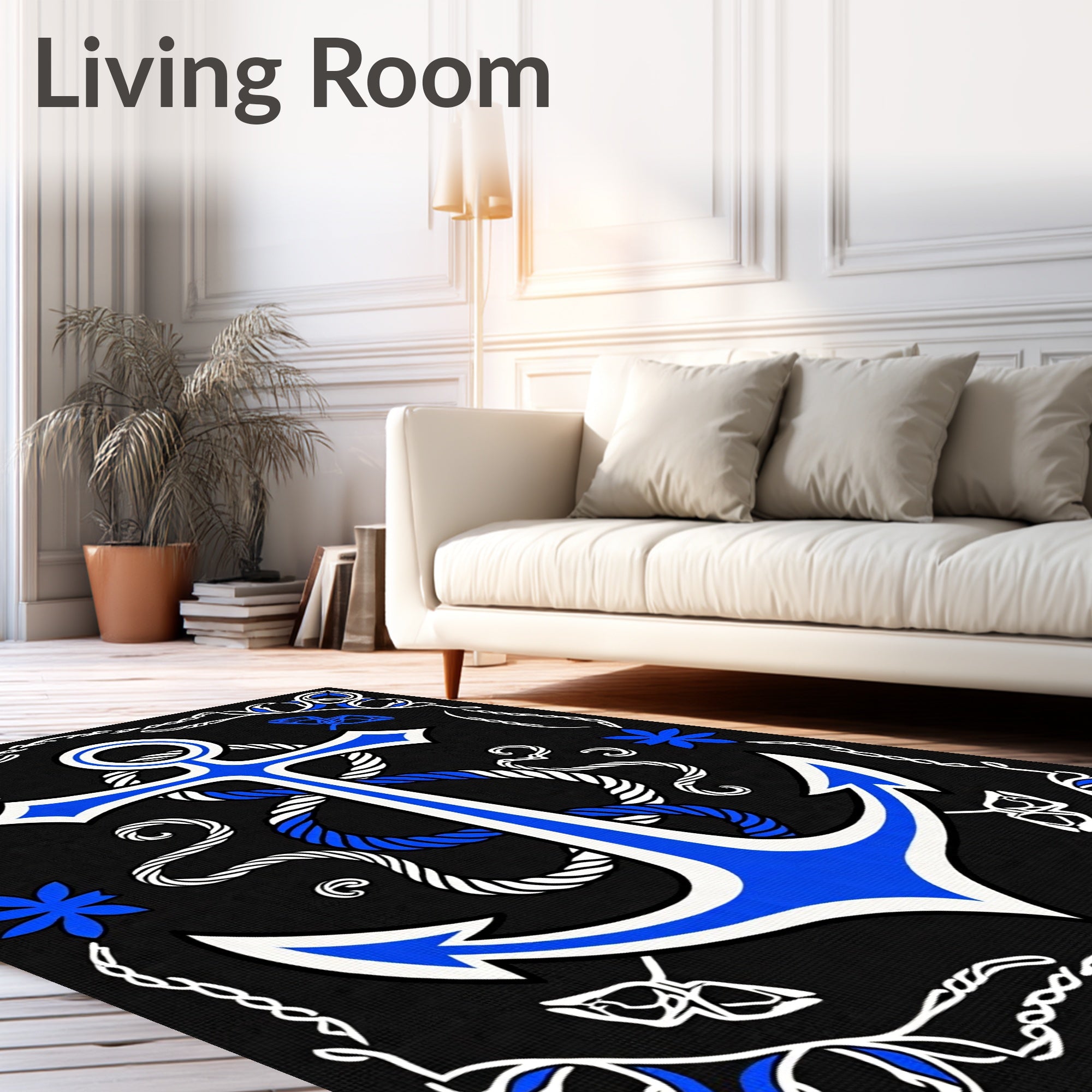 Nautical Blue White Anchor Rope Border Rug